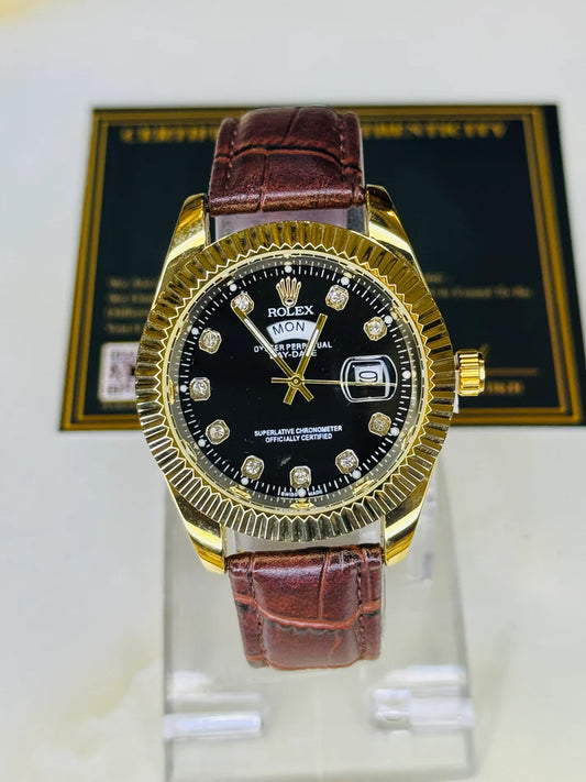 Brown Gold Black Day Date Leather Rolex Watch R