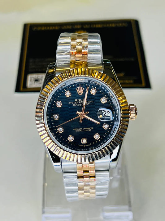 Jubilee Date Just Silver Rose Fluted Bezel Black Dial Automatic Watch