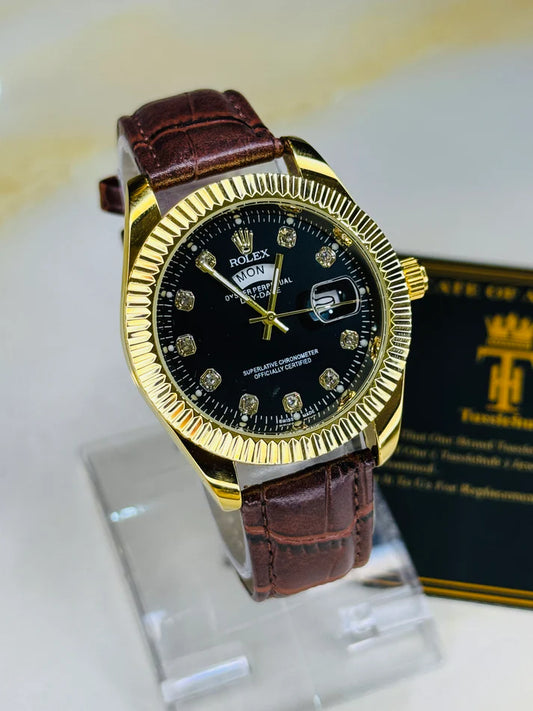 Brown Gold Black Day Date Leather Rolex Watch R