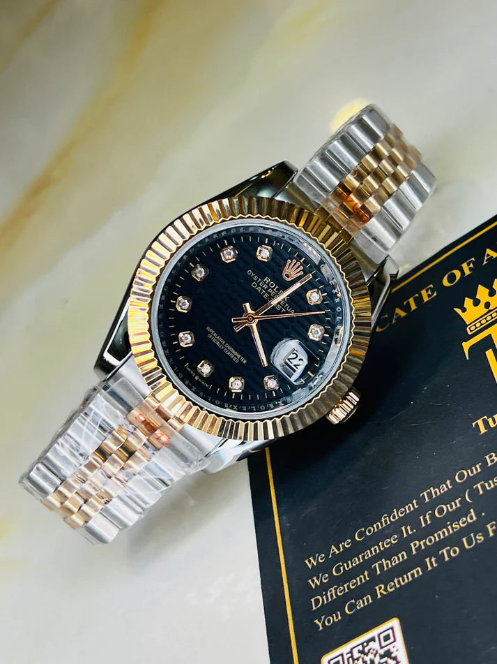 Jubilee Date Just Silver Rose Fluted Bezel Black Dial Automatic Watch