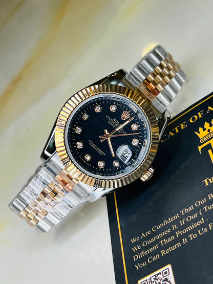 Jubilee Date Just Silver Rose Fluted Bezel Black Dial Automatic Watch