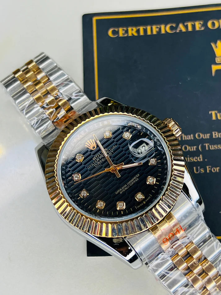 Jubilee Date Just Silver Rose Fluted Bezel Black Dial Automatic Watch