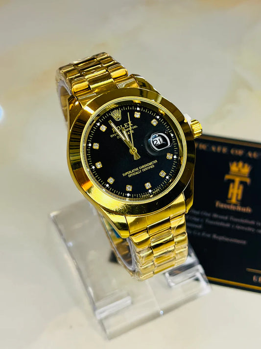 Date Just Gold Black Plain Bezel Watch