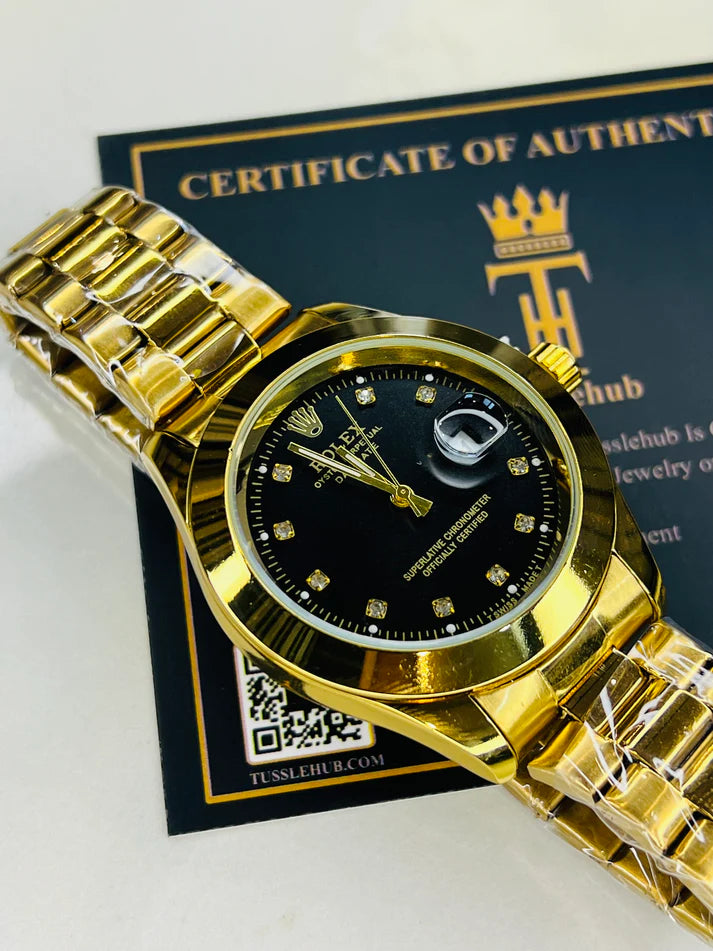 Date Just Gold Black Plain Bezel Watch