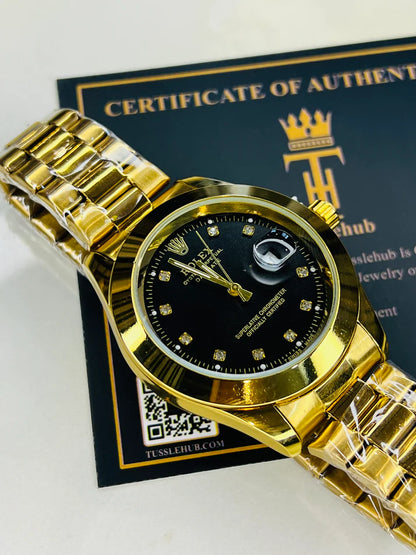 Date Just Gold Black Plain Bezel Watch