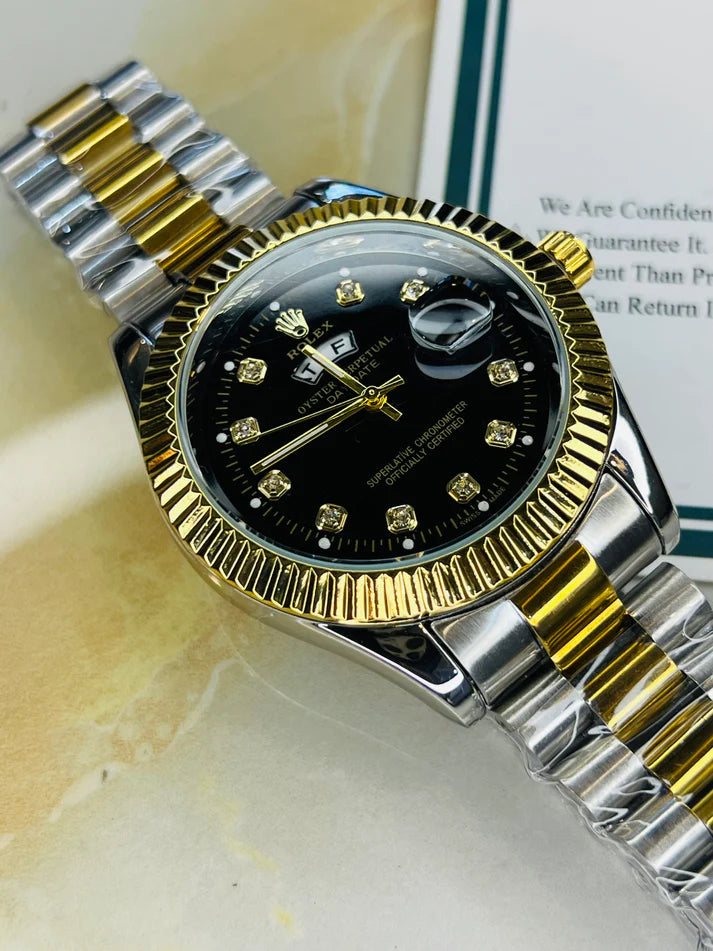 Premium Day Date Two Tone Black Dial Watch